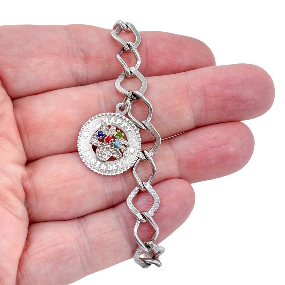 Vintage Sterling Silver 925 Glass Bead Happy Birthday Charm Bracelet | 7"